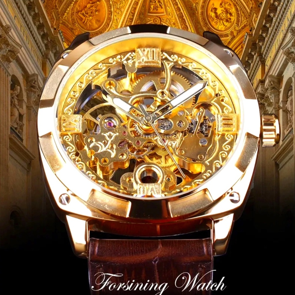 Forsining Mens Skeleton Mechanical Waterproof Luxury Watch Leather Gift Idea